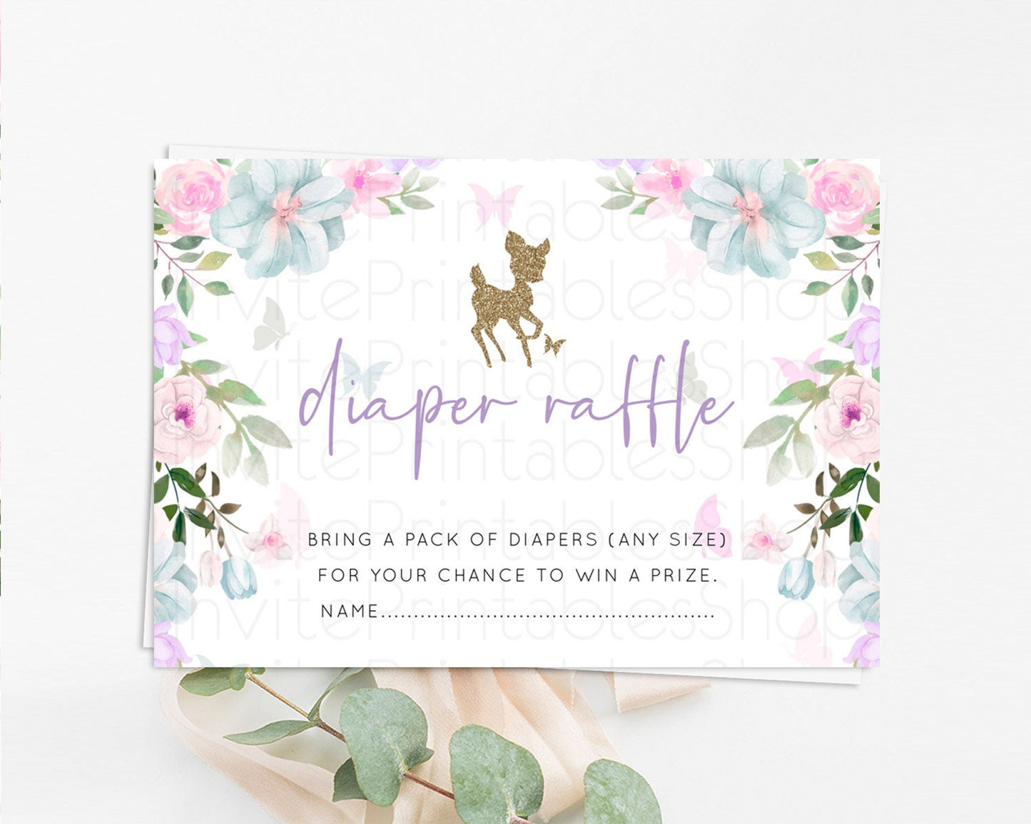 Fawn Diaper Raffle Card Deer Diaper Insert Floral Deer Diaper Ticket Enchanted Forest Butterfly Pastel Baby Shower Raffle Game D10476