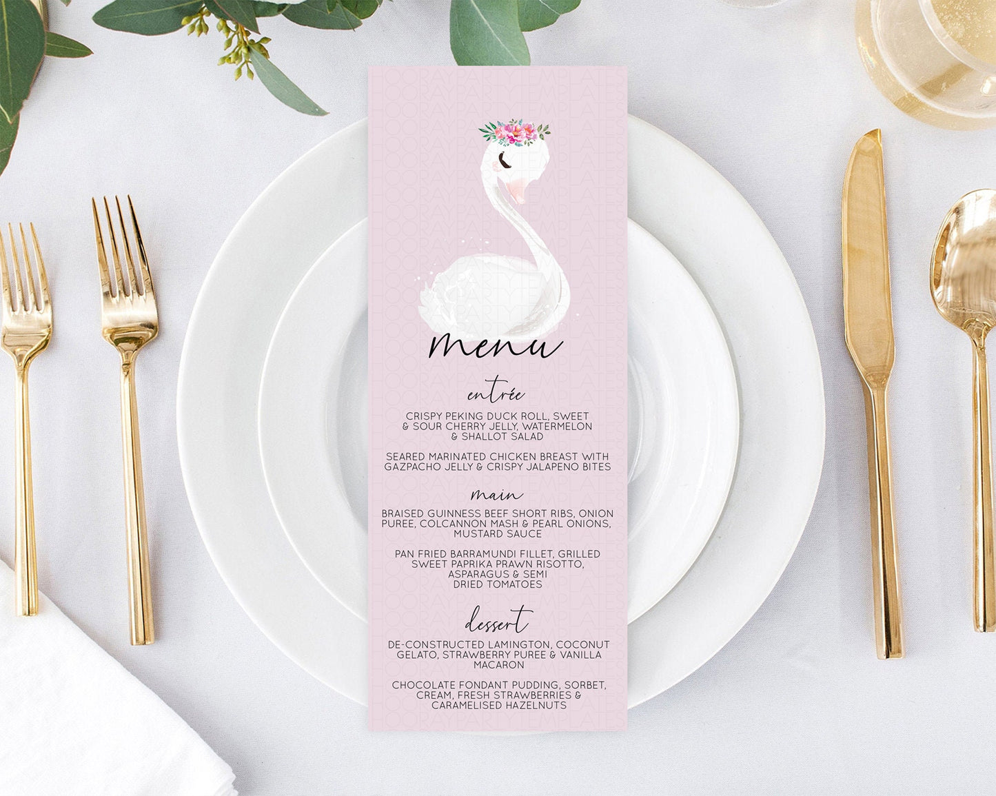 Swan Menu Swan Princess Ballet Menu Template Enchanted Swan Lake Table Decor Secret Garden Pastel Floral Dinner Dessert Food Menu  D10758