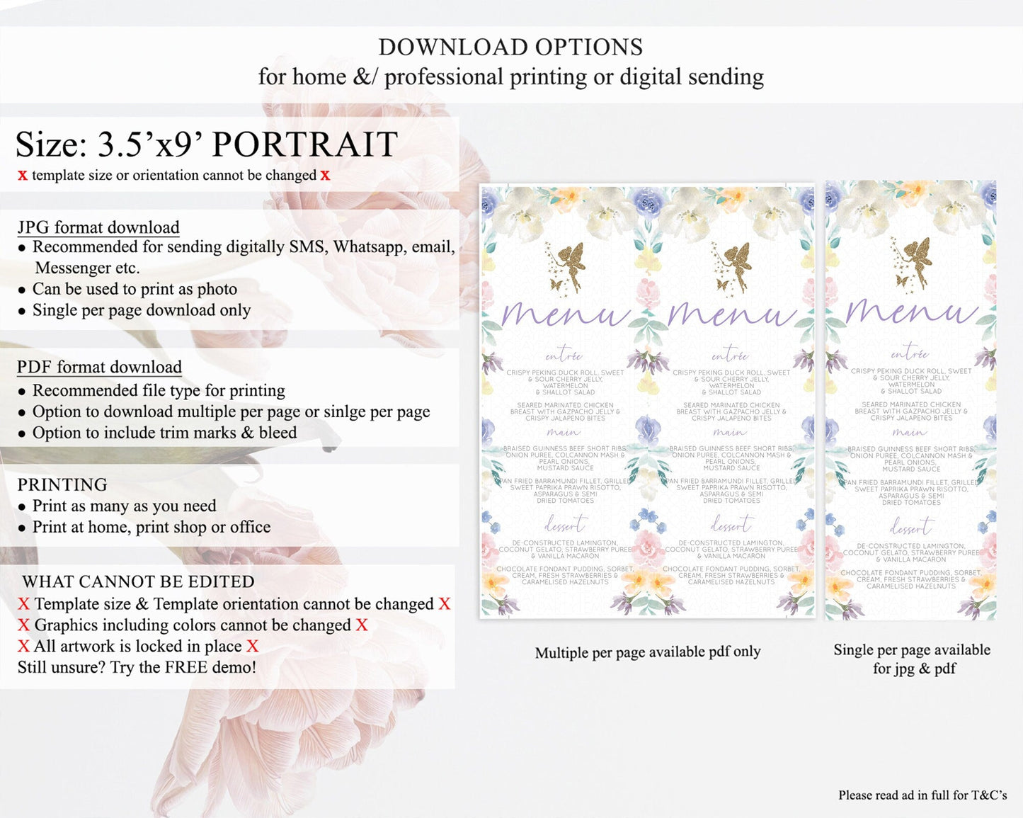 Fairy Menu Fairy Menu Template Enchanted Garden Pastel Floral Butterfly Table Decor Fairy Secret Garden Dinner Dessert Food Menu D10761