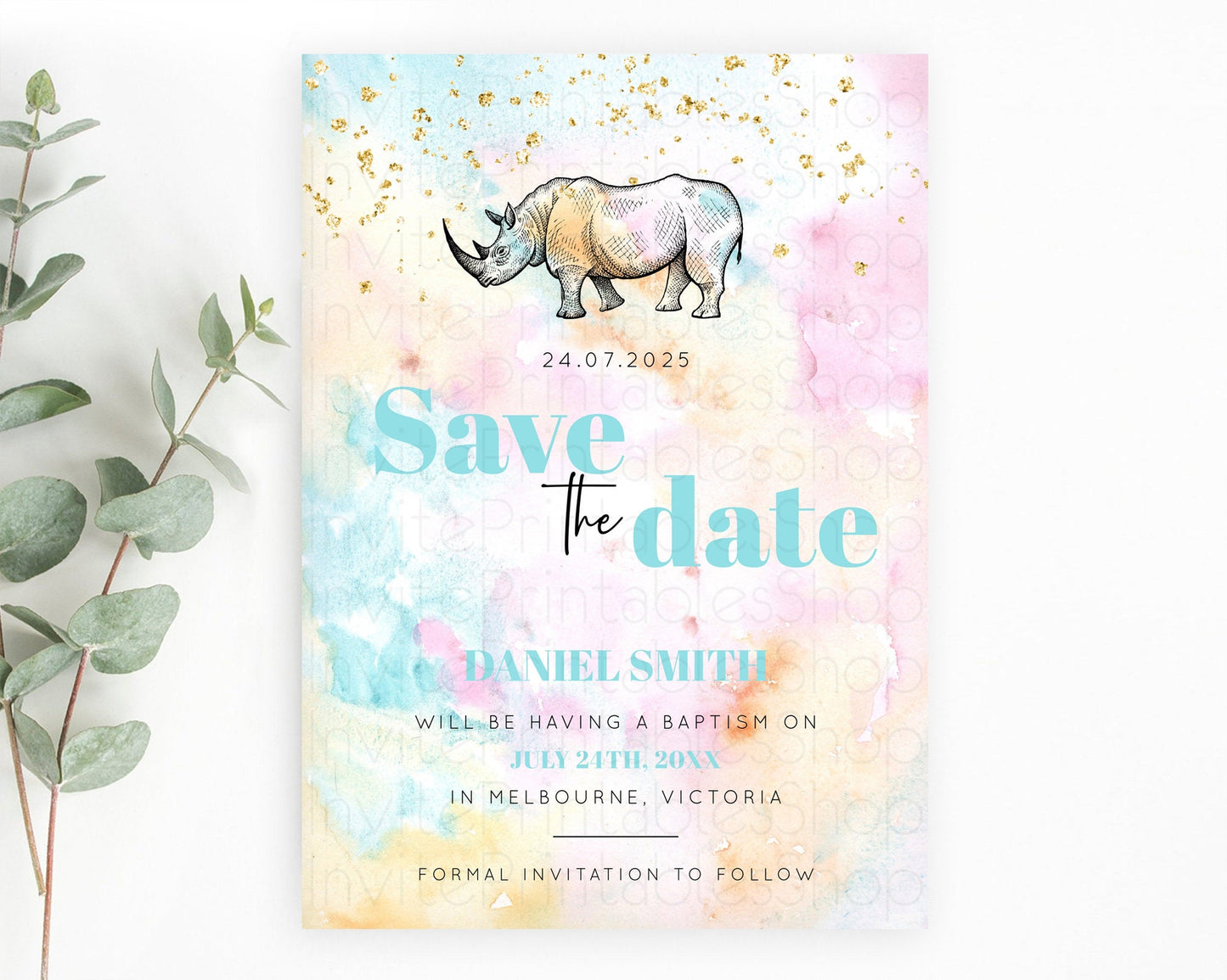 Pastel Rhino Save The Date Template Rainbow Watercolor Rhino Party Save The Date Colorful Rhino Theme Birthday Baptism Baby Shower D10287