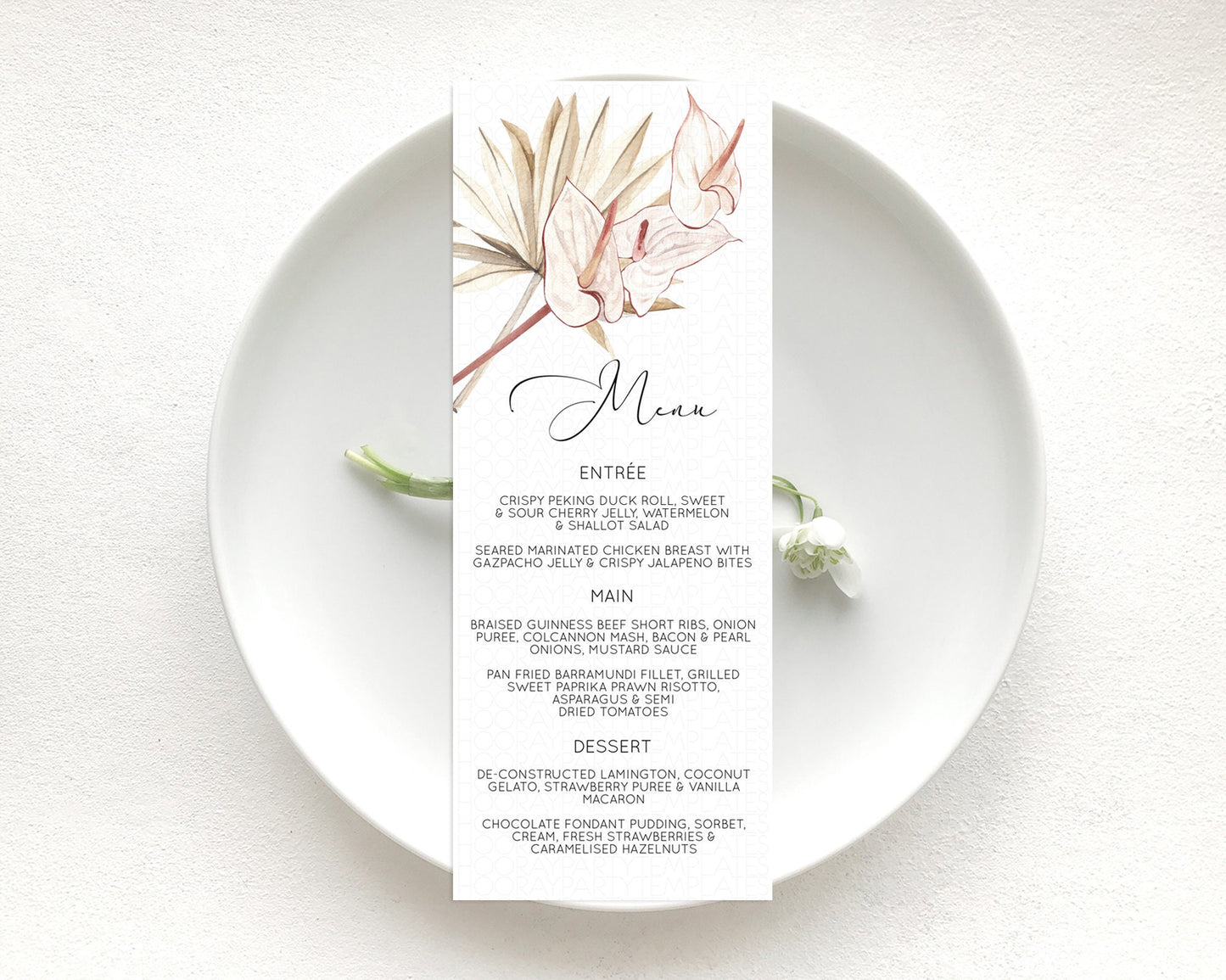 Tropical Menu Template Tropical Menu Palm Leaf Fern Table Decor Frangipani Floral White Orchid Dinner Dessert Menu Party Food Menu D11039