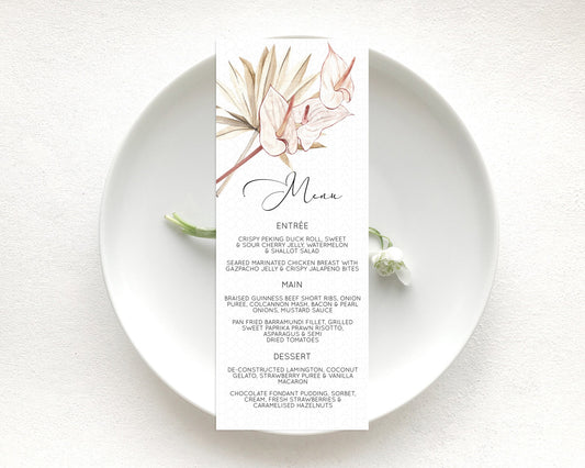 Tropical Menu Template Tropical Menu Palm Leaf Fern Table Decor Frangipani Floral White Orchid Dinner Dessert Menu Party Food Menu D11039