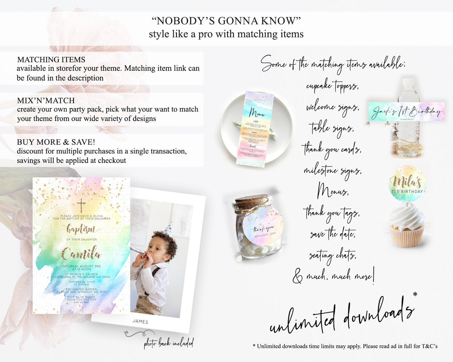 Pastel Baptism Invitation Pastel Colors Watercolor Baptism 1st Birthday Party Gold Ombre Pastel Rainbow Christening Holy Communion D10259