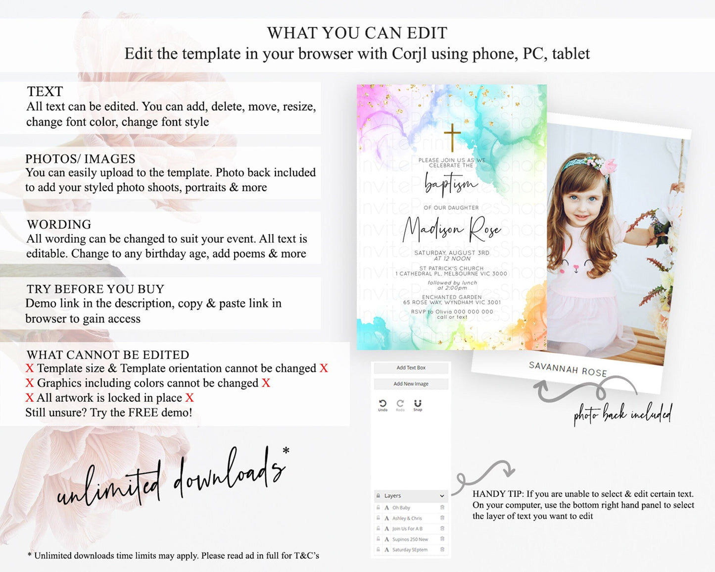 Pastel Baptism Invitation Pastel Colors Watercolor Baptism 1st Birthday Party Gold Ombre Pastel Rainbow Christening Holy Communion D10181
