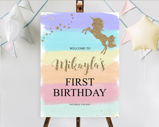 Editable Unicorn Rainbow Birthday Welcome Board Pastel Unicorn Welcome Sign