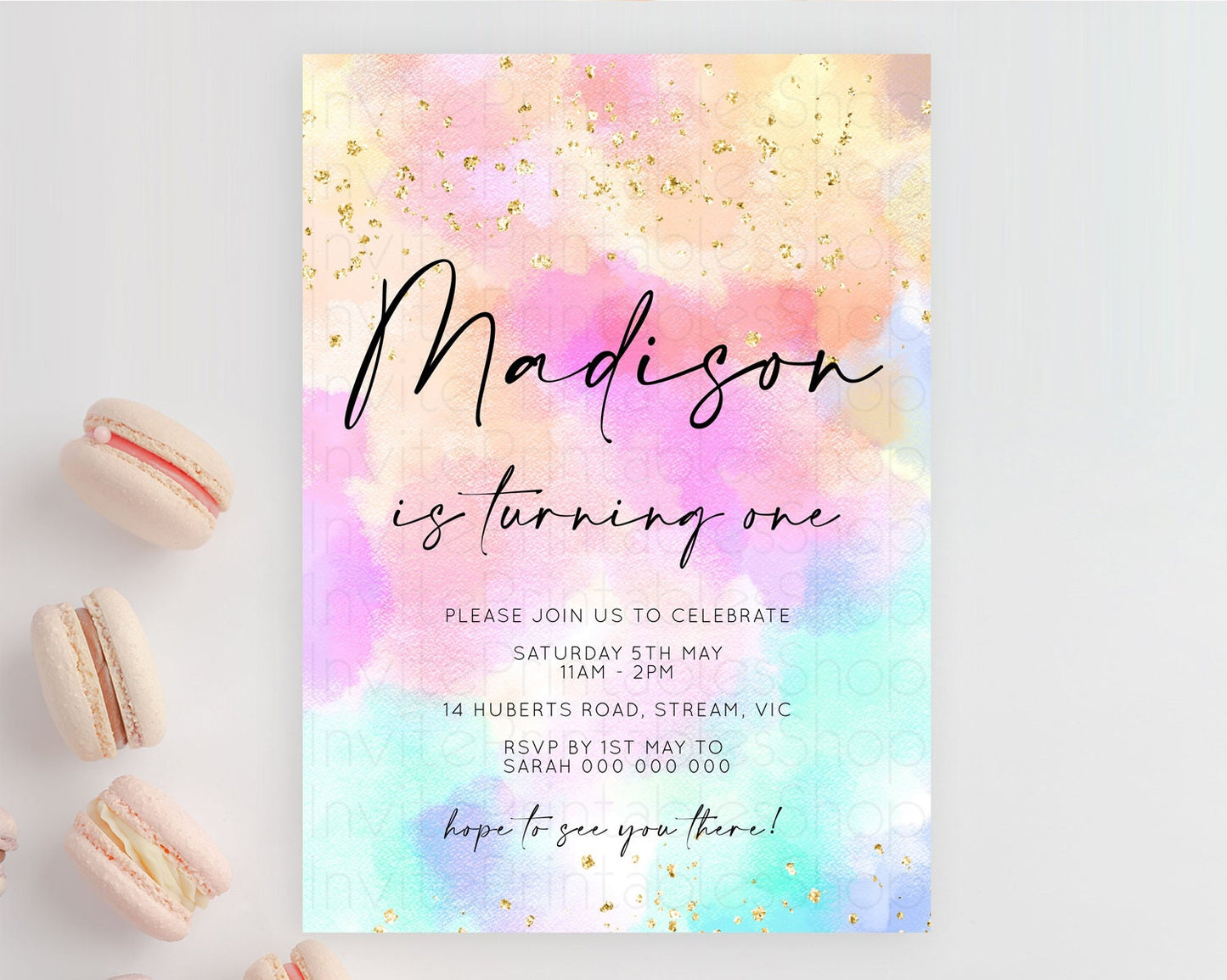Rainbow Birthday Invitation Colorful Pastel Watercolor Invitation Gold Glitter Sprinkles Ombre Pastel 1st 2nd 3rd Birthday D10667