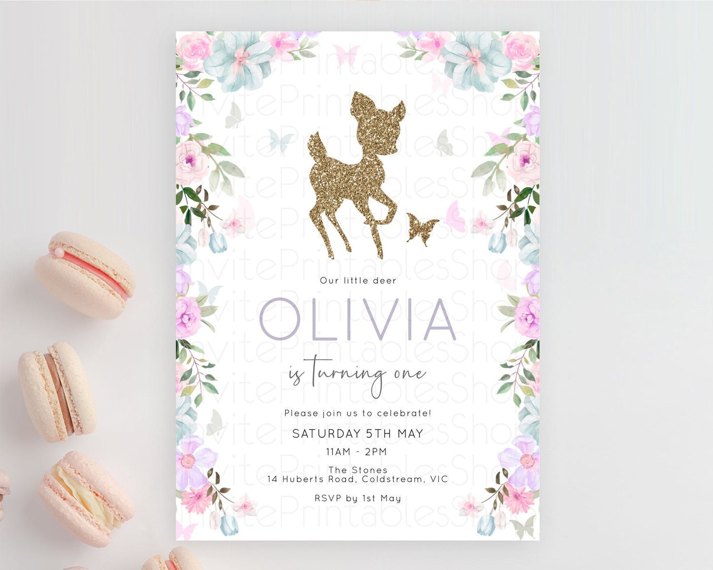 Fawn Birthday Invitation Deer Birthday Invitation Enchanted Forest Party Butterfly Pastel Flowers Whimsical 2nd 1st First Birthday D10476