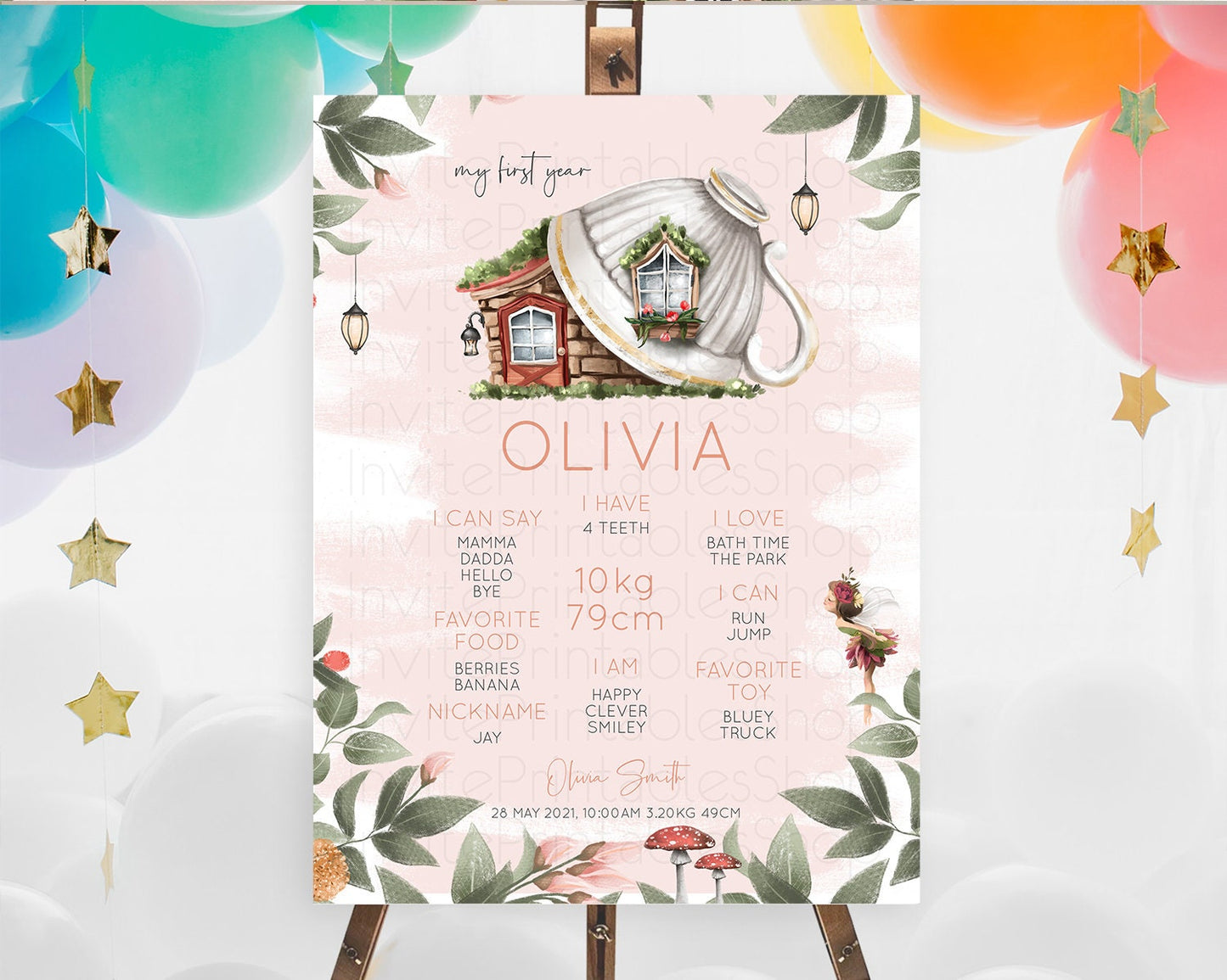 Fairy First Birthday Milestone Poster Fairy Secret Garden Milestone Board Enchanted Garden Pastel Floral Butterfly 1st Birthday Sign D10563