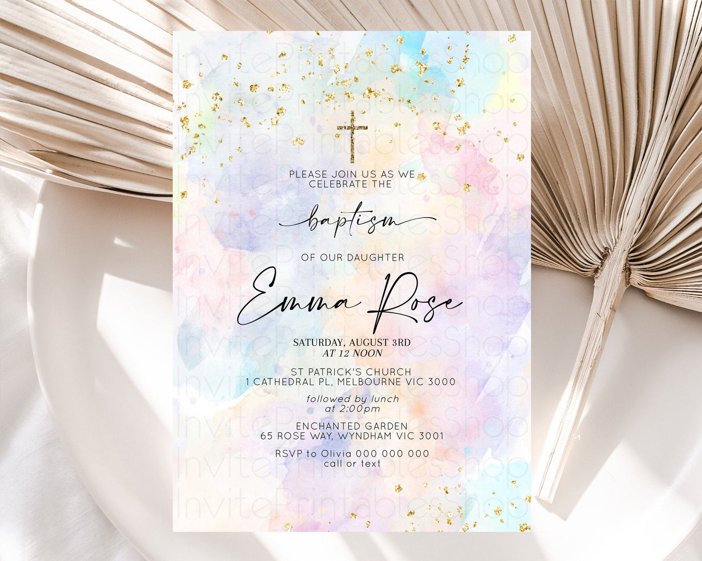 Pastel Baptism Invitation Pastel Colors Watercolor Baptism 1st Birthday Party Gold Ombre Pastel Rainbow Christening Holy Communion D10605