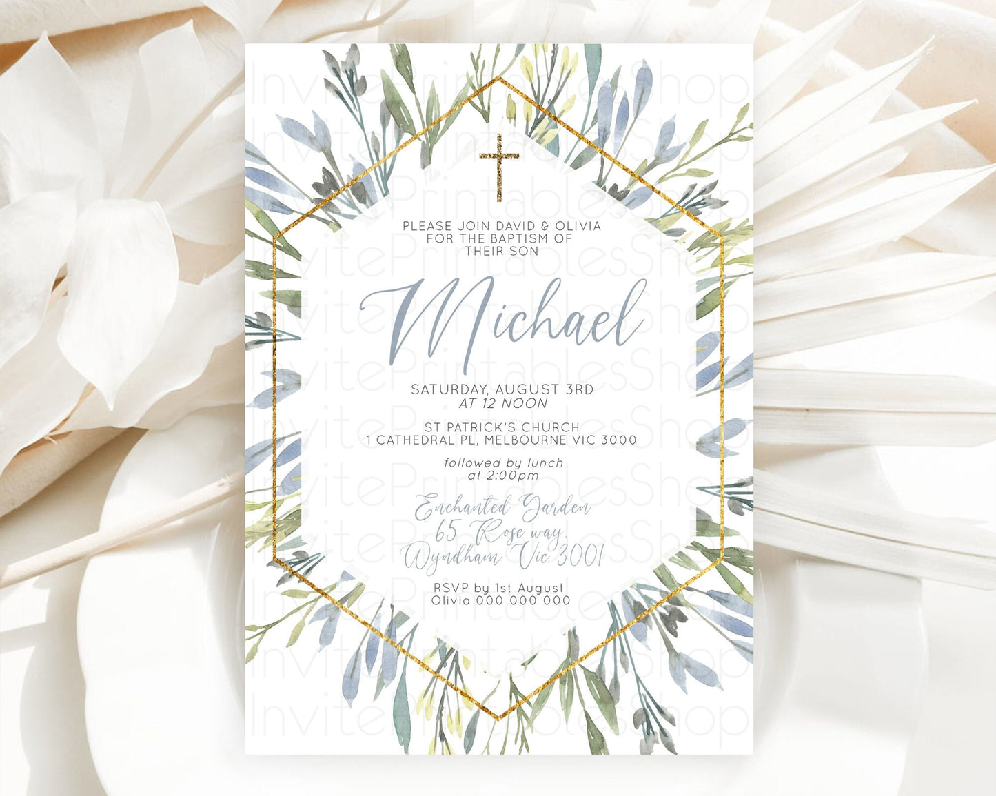 Leafy Baptism Invitation Leafy Simple Greenery Baptism 1st Birthday Invitation Eucalyptus Fern Spray Leaves Green Leaf Watercolour D10532