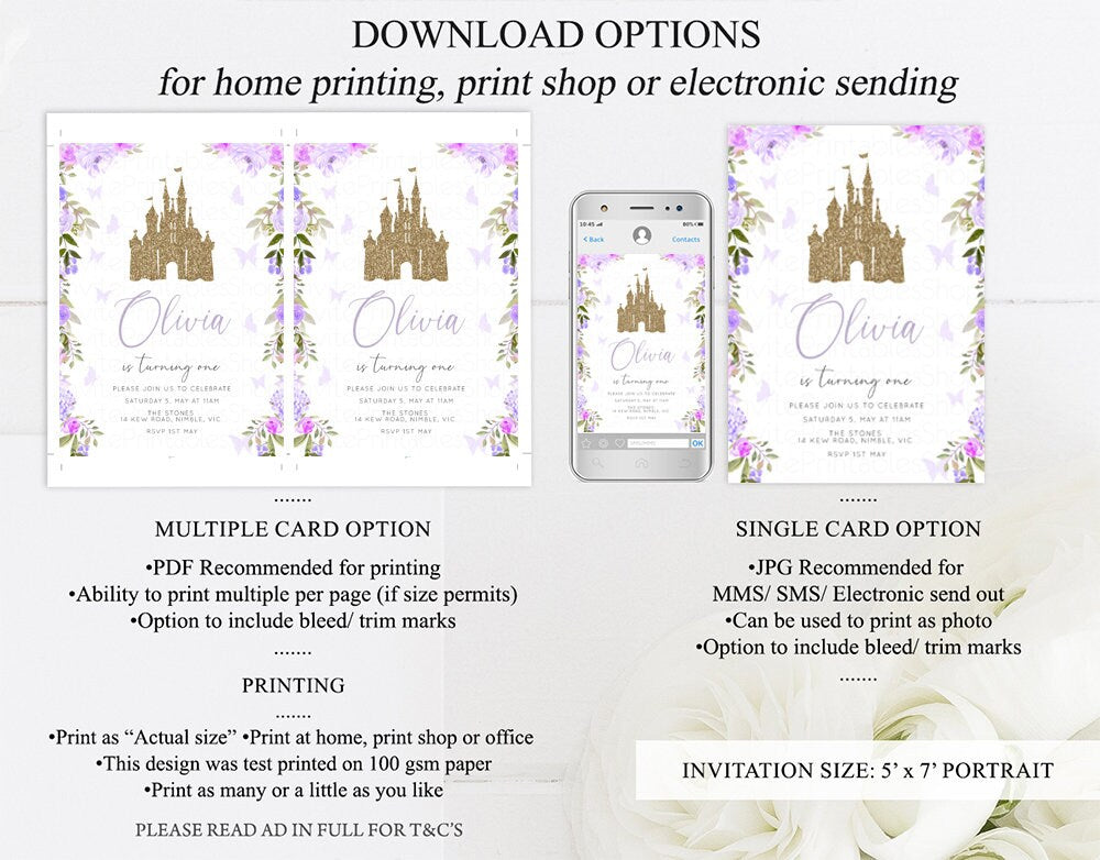 Princess Birthday Invitation Gold Glitter Enchanted Castle Royal Celebration Fairytale Floral Garden Purple Be Our Guest Custom Invite