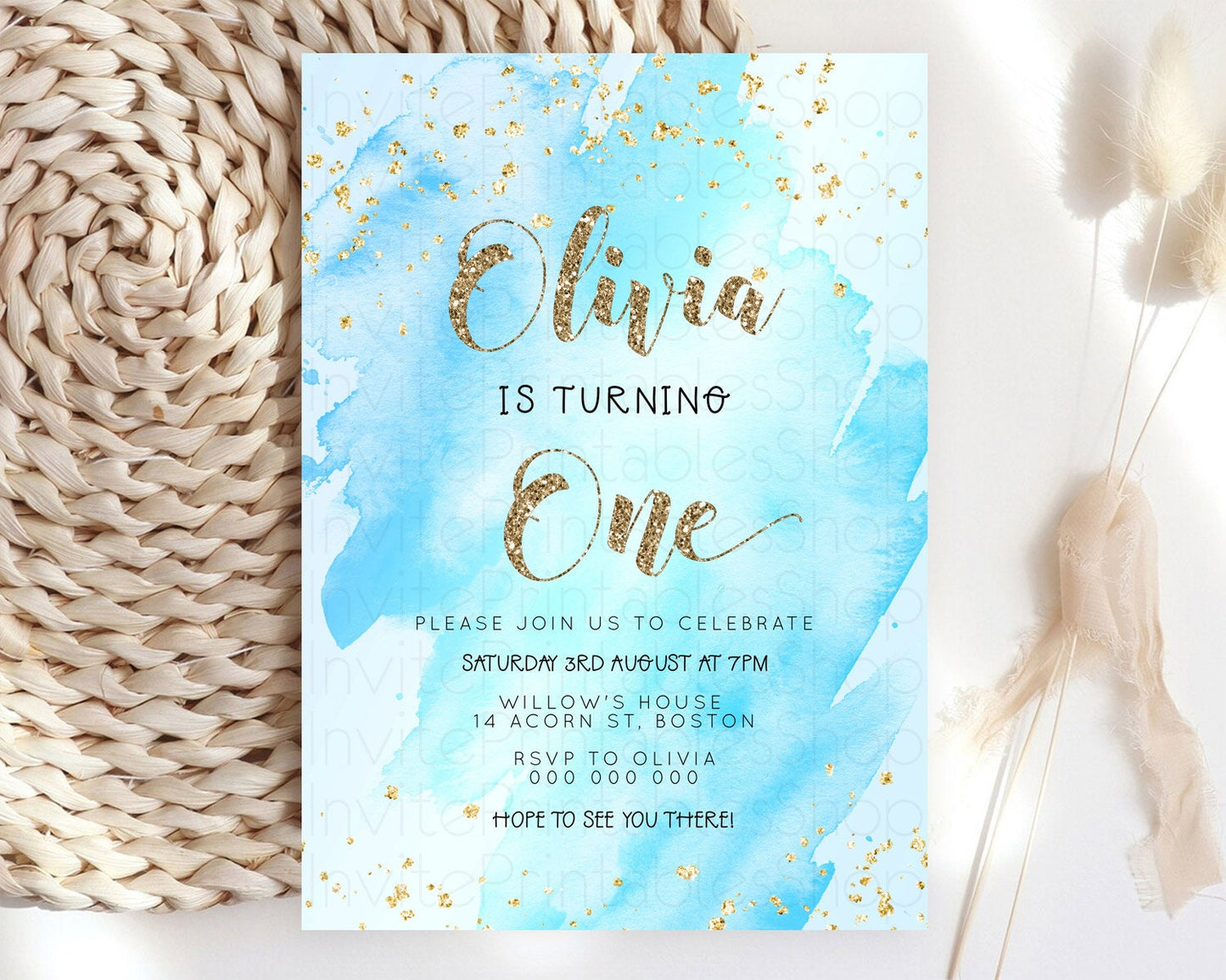 Blue Birthday Invitation Blue Watercolor Invitation Pastel Blue Watercolor Invitation Blue Splash Gold Invitation 1st First Birthday D23307