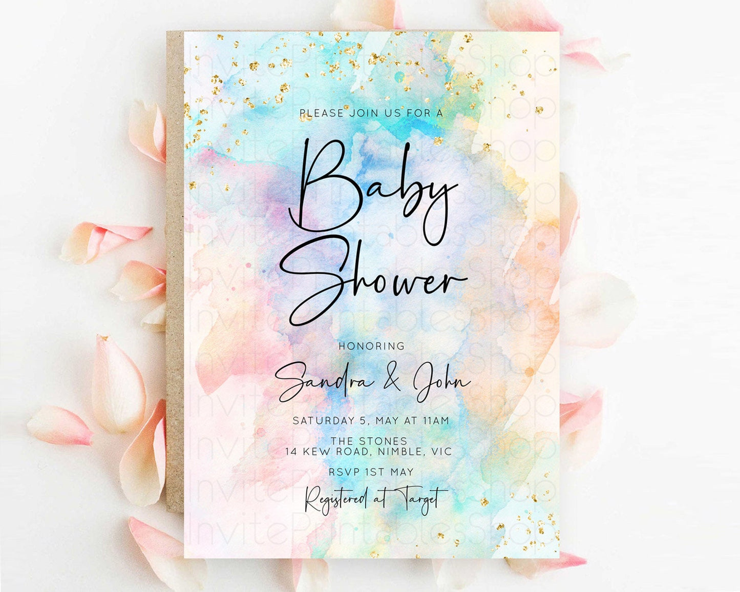 Pastel Baby Shower Invitation, Pastel Watercolor with Gold Glitter Sprinkles, Colorful Rainbow - Teal Orange Pink Ombre Splash D10266