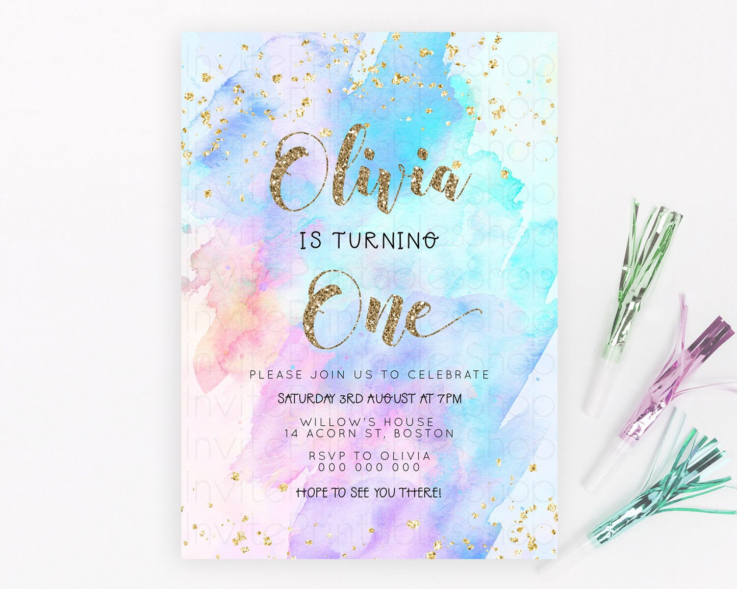 Rainbow Birthday Invitation Colorful Pastel Watercolor Invitation Gold Glitter Sprinkles Ombre Pastel 1st 2nd 3rd Birthday D23293