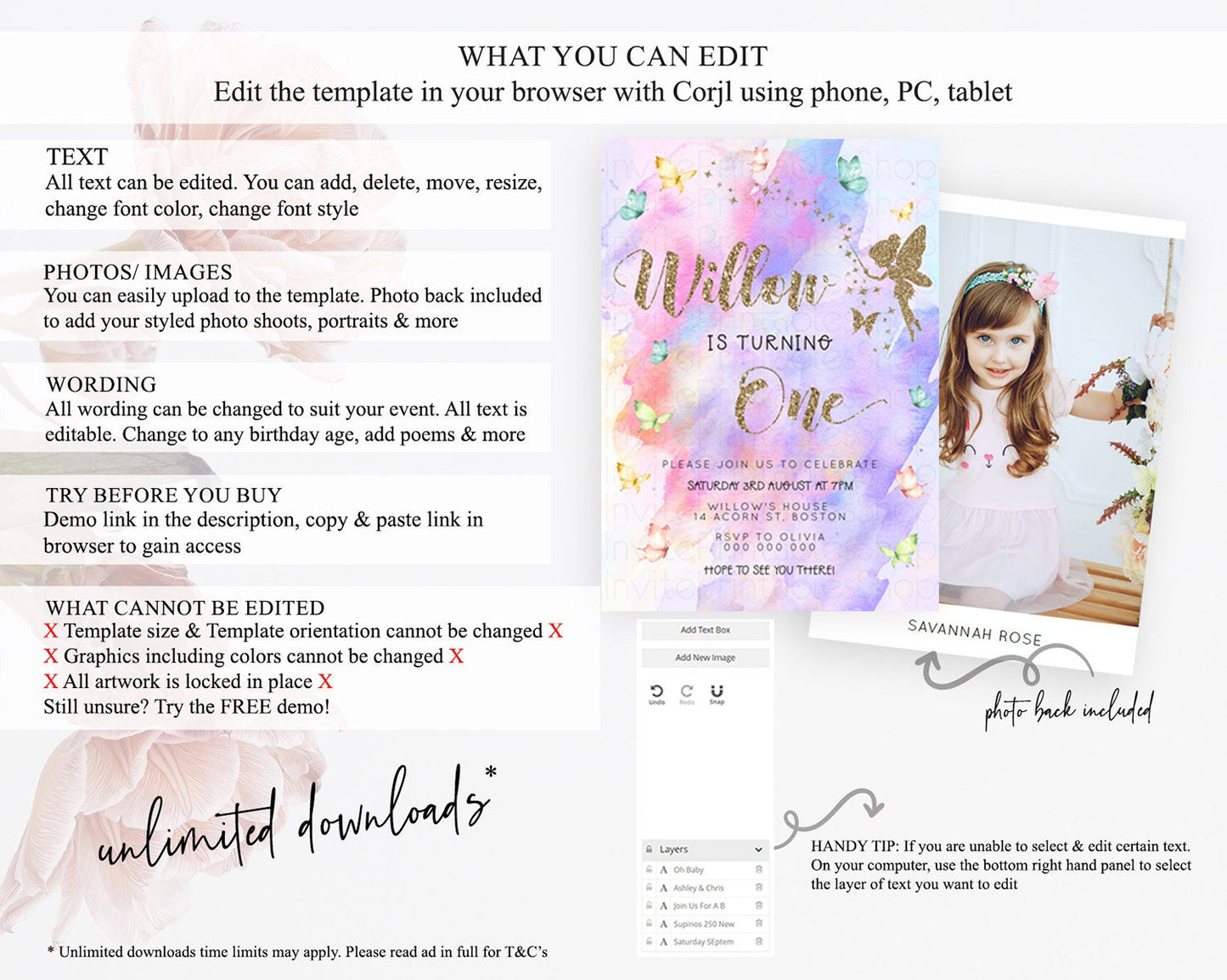 Pastel Fairy Birthday Invitation Pastel Butterflies Fairy Birthday Invitation Rainbow Ombre Watercolor 1st 2nd Birthday Invitation D23341