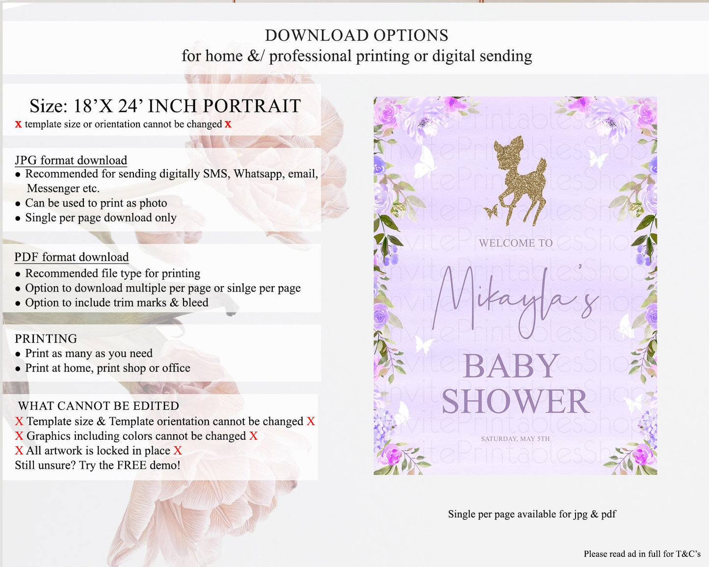 Fawn Baby Shower Welcome Sign Deer Welcome Board Floral Deer Welcome Poster Enchanted Forest Butterfly Pastel Floral Welcome Sign D10963