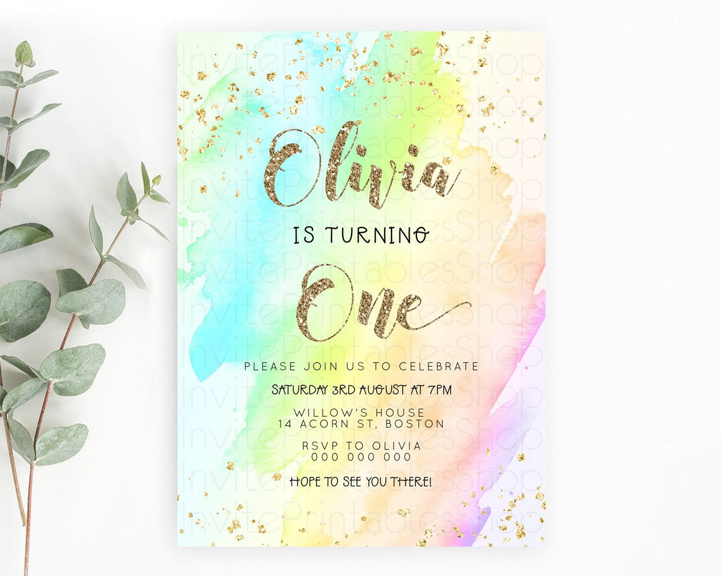 Rainbow Birthday Invitation Colorful Pastel Watercolor Invitation Gold Glitter Sprinkles Ombre Pastel 1st 2nd 3rd Birthday D23282