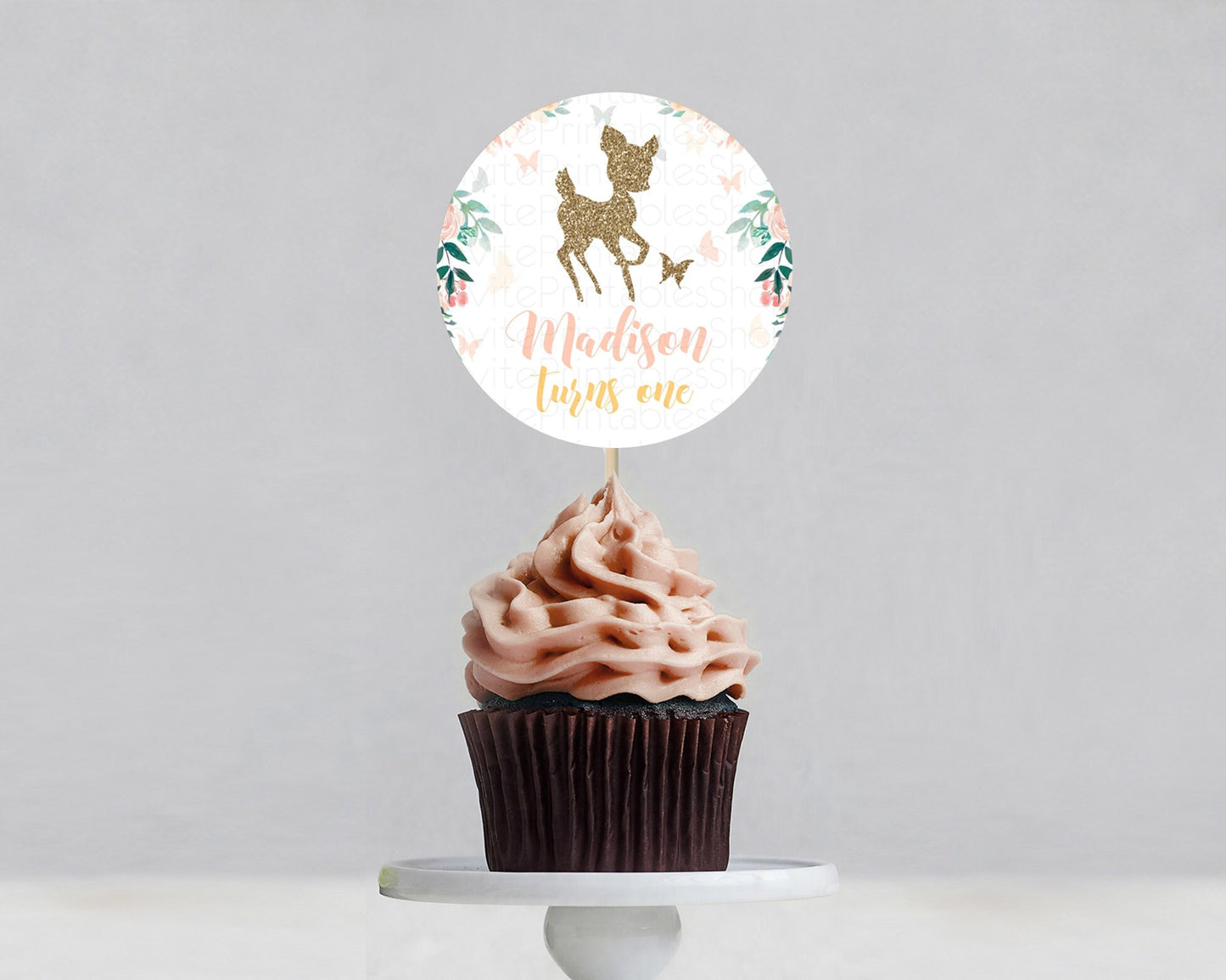 Fawn Cupcake Toppers Deer Cupcake Toppers Enchanted Forest Party Butterfly Pastel Flowers Woofland Cupcake Toppers First Birthday D10874