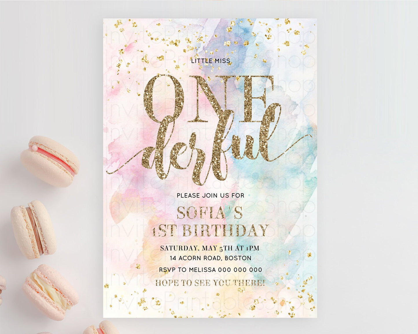 ONEderful Rainbow Birthday Invitation Colorful Pastel Watercolor Invitation Gold Glitter Sprinkles Ombre Pastel 1st Birthday D10264