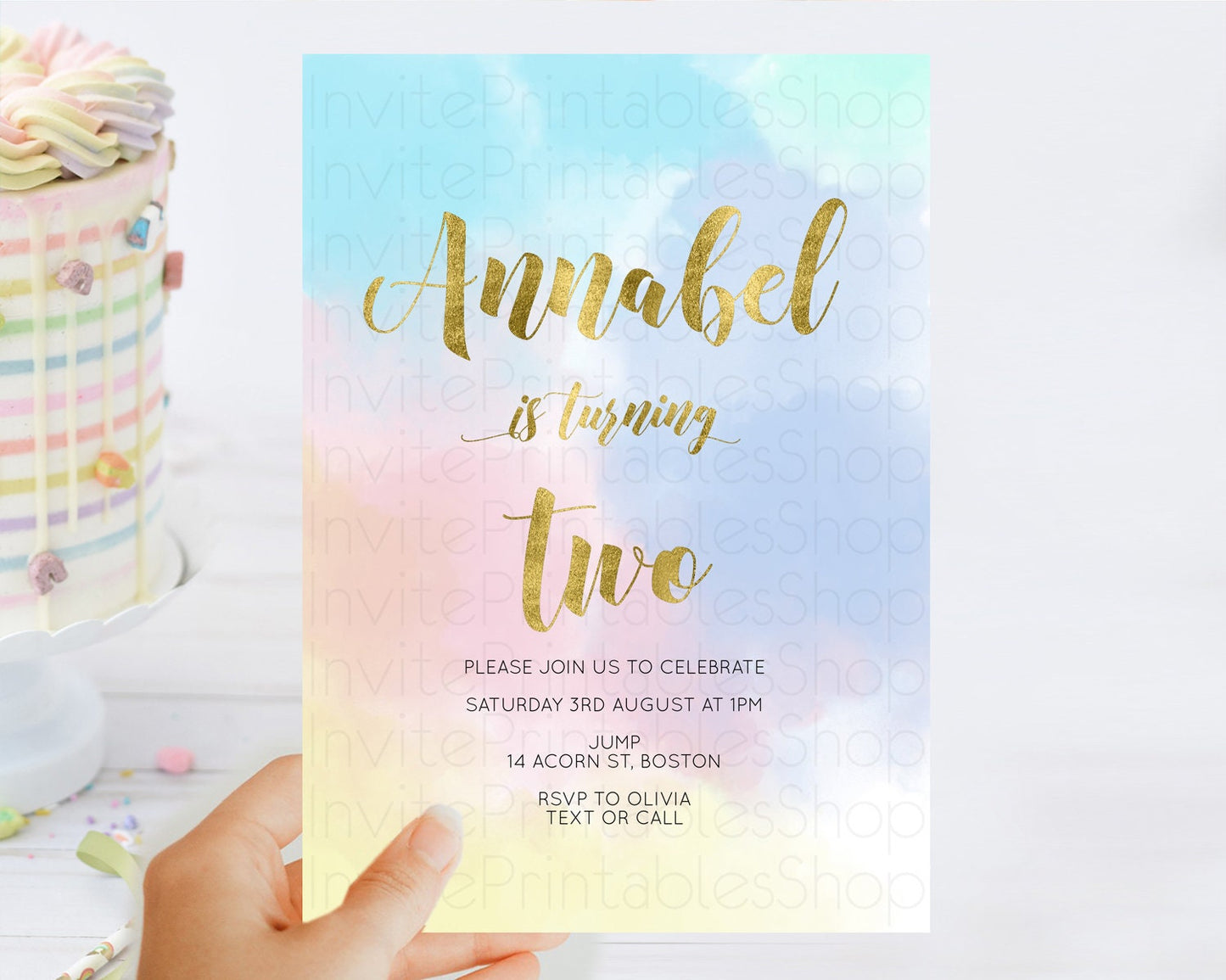 Rainbow Birthday Invitation Colorful Pastel Watercolor Invitation Gold Glitter Sprinkles Ombre Pastel 1st 2nd 3rd Birthday D10892