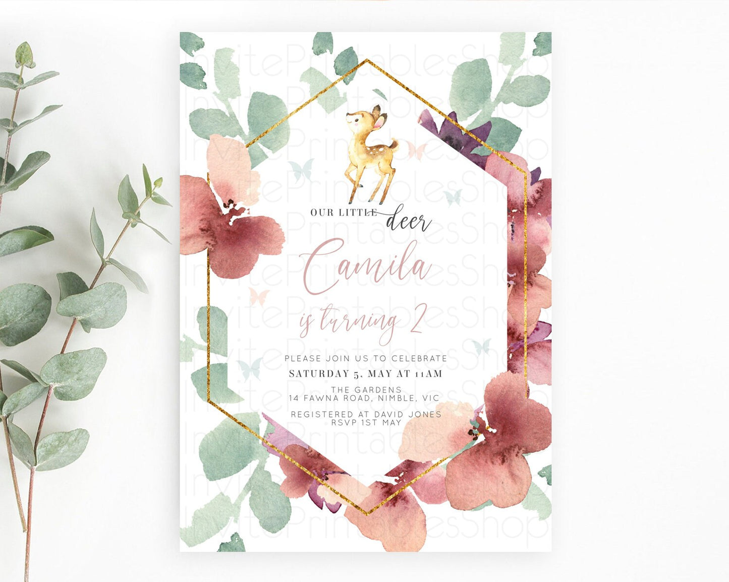 Fawn Birthday Invitation Deer Birthday Invitation Enchanted Forest Party Butterfly Pastel Flowers Whimsical 2nd 1st First Birthday D10915