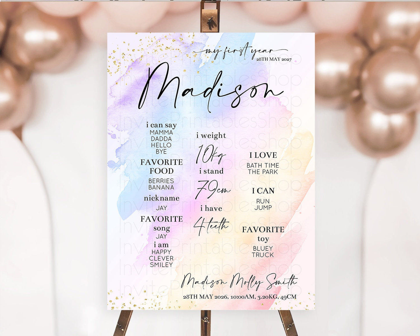 Pastel First Birthday Milestone Board Pastel Rainbow Milestone Poster Colorful Confetti Watercolor Glitter 1st Birthday Welcome Sign D10635