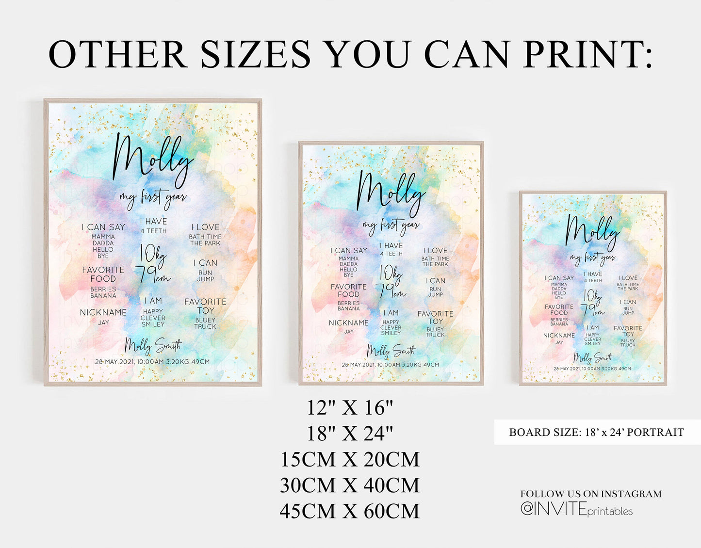 Pastel First Birthday Milestone Board Pastel Rainbow Milestone Poster Watercolor Glitter One Year Poster Colorful Splash Baby 1st Year 276v3