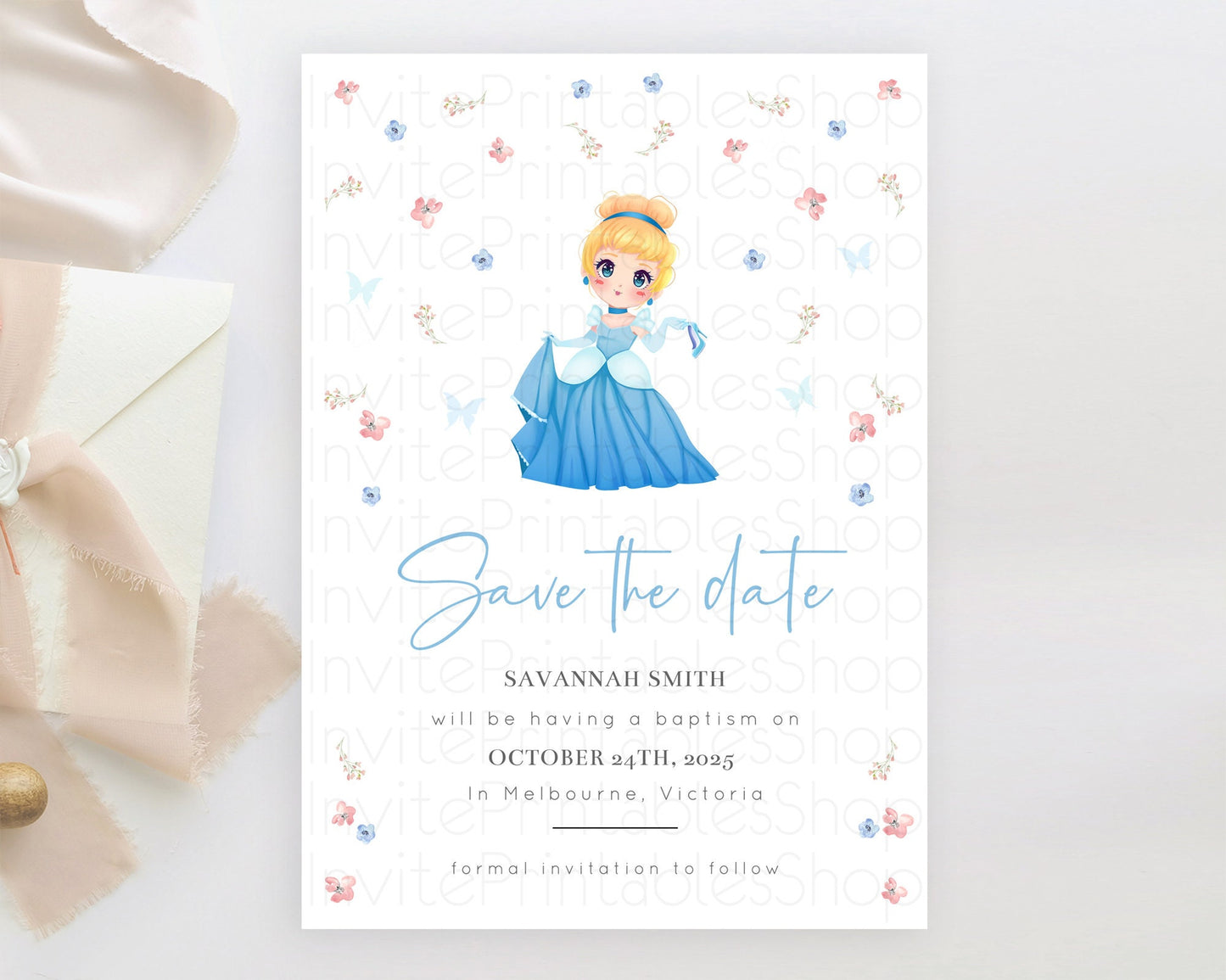 Princess Save The Date Template Secret Garden Enchanted Castle Pastel Floral Royal Party For 1st Birthday Baptism Baby Shower D10354