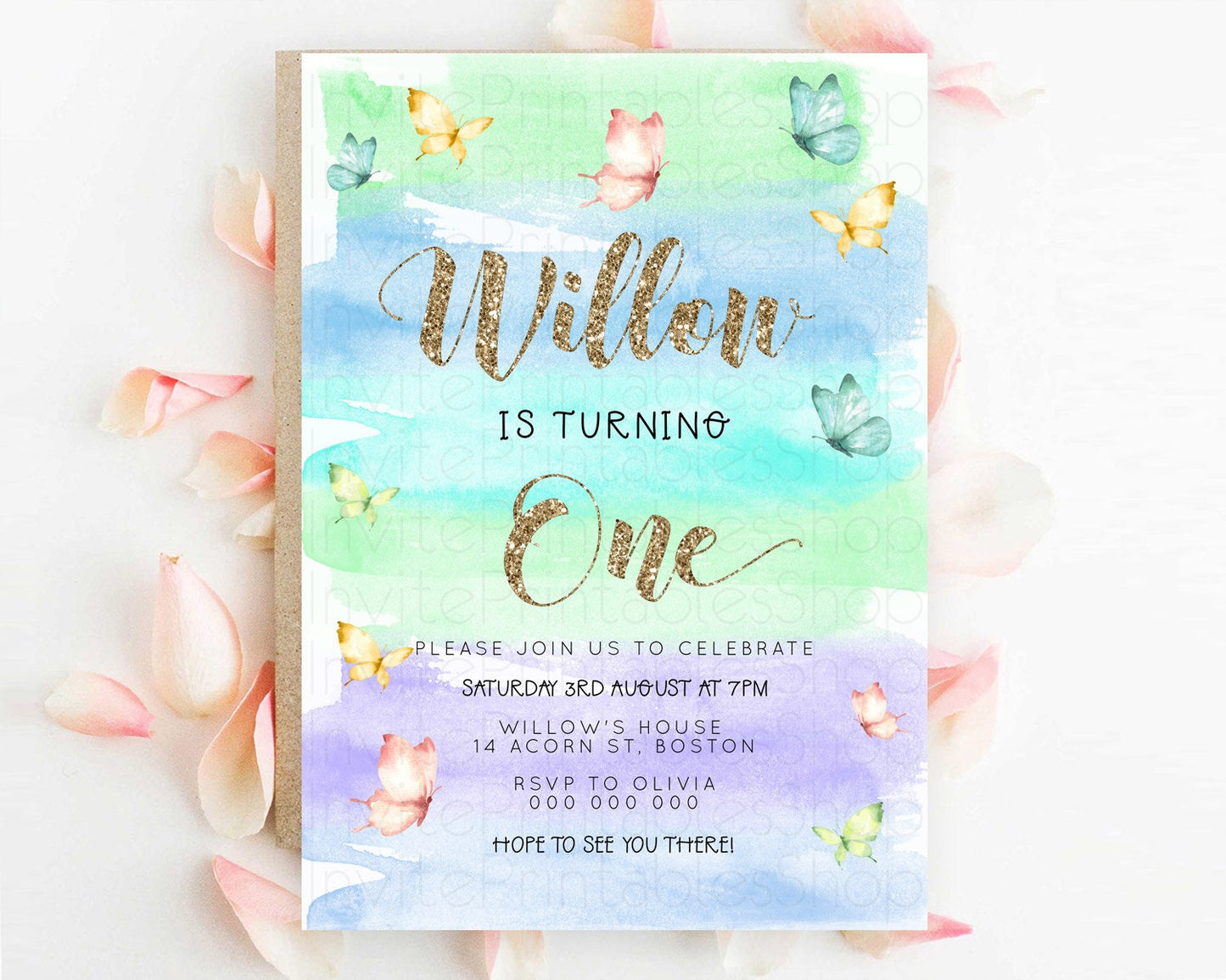 Pastel Butterfly Birthday Invitation Butterfly Birthday Invitation Colorful Splash Glitter Butterfly Garden 1st 2nd Birthday D23227