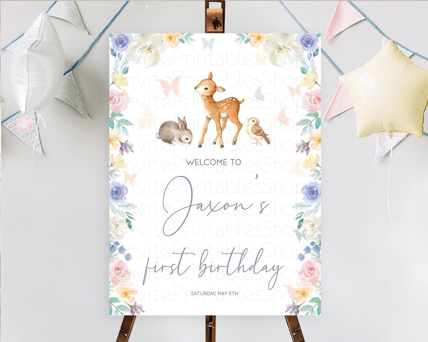 Fawn Welcome Sign Deer Welcome Board Floral Deer Welcome Poster Enchanted Forest Butterfly Pastel Floral First Birthday Welcome Sign D10930