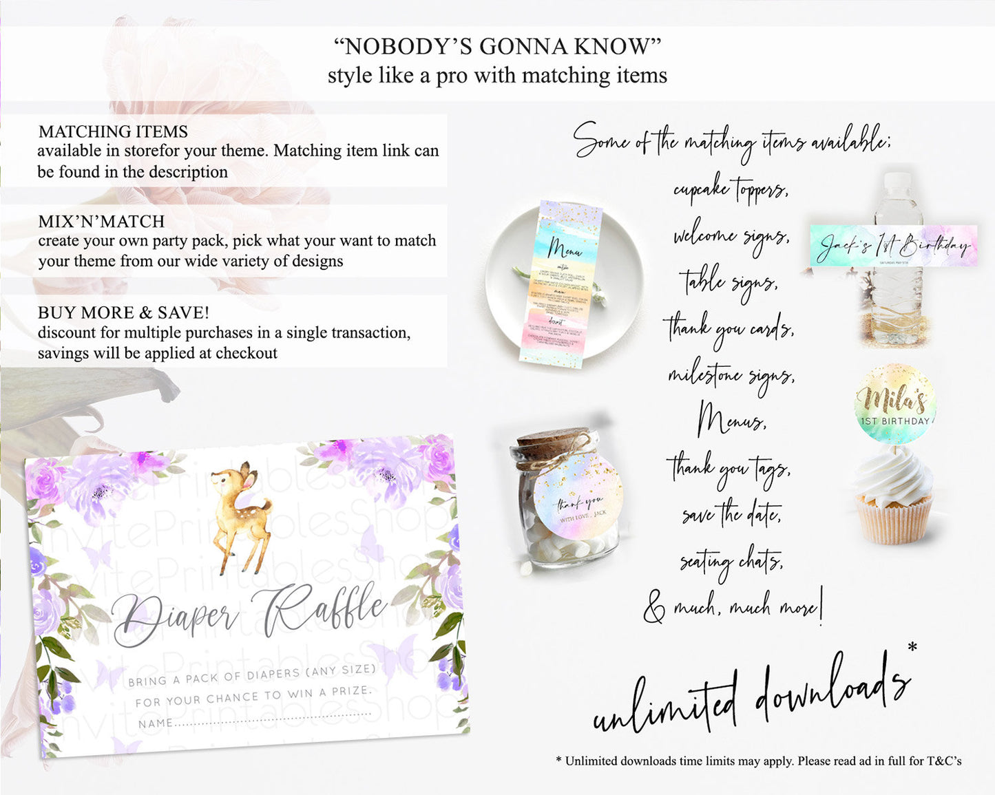 Fawn Diaper Raffle Card Deer Diaper Insert Floral Deer Diaper Ticket Enchanted Forest Butterfly Pastel Baby Shower Raffle Game D10916