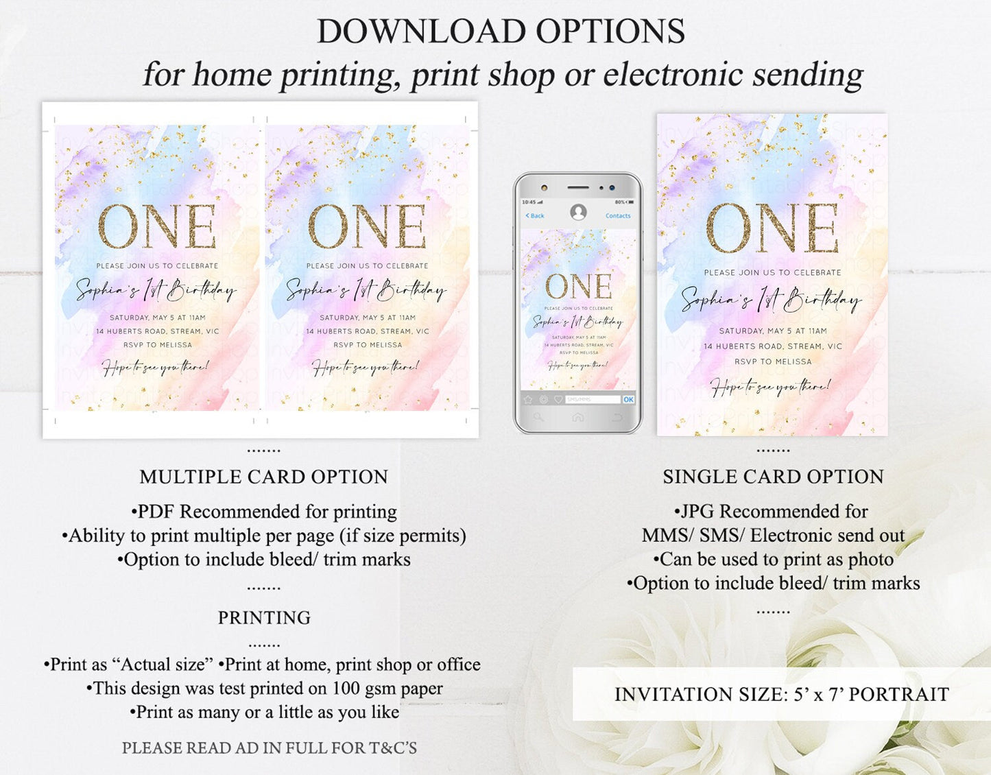 Rainbow Birthday Invitation Glitter Pastel Invitation Colorful Watercolor Gold Foil Splatter Sprinkle Ombre 1st 2nd 3rd Birthday Invite t600