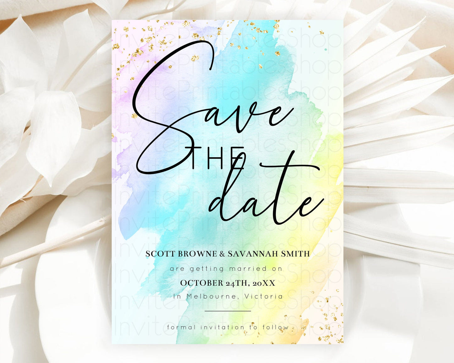 Pastel Save The Date Template Pastel Ombre Rainbow Watercolor Colorful Party For Birthday Baptism Baby Shower Wedding Bridal Shower D10773