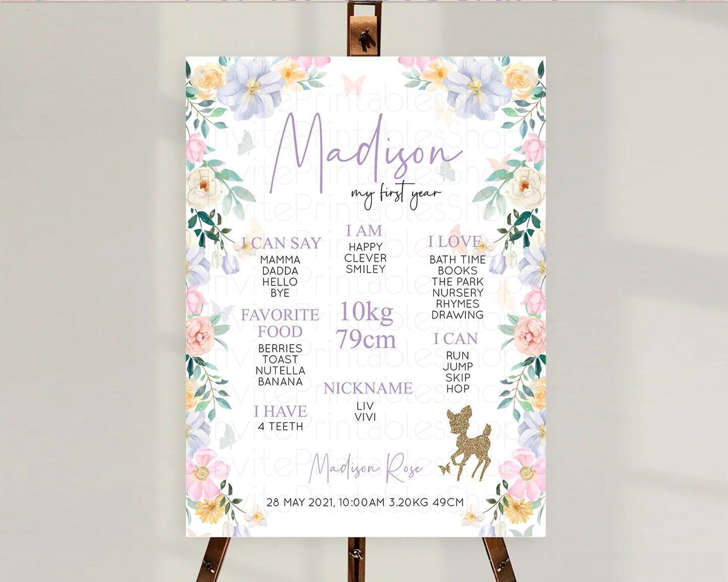 Fawn First Birthday Milestone Board Deer First Birthday Milestone Poster Enchanted Forest Butterfly Pastel Flowers 1st Birthday Sign D10477