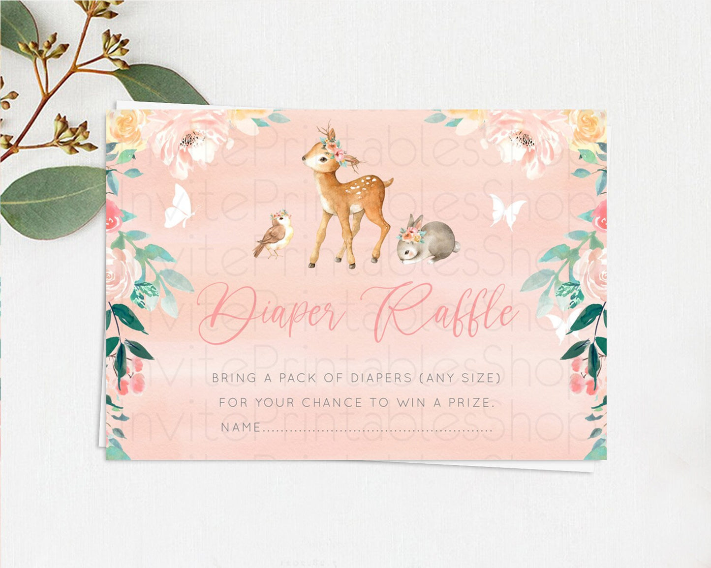 Fawn Diaper Raffle Card Deer Diaper Insert Floral Deer Diaper Ticket Enchanted Forest Butterfly Pastel Baby Shower Raffle Game D10921