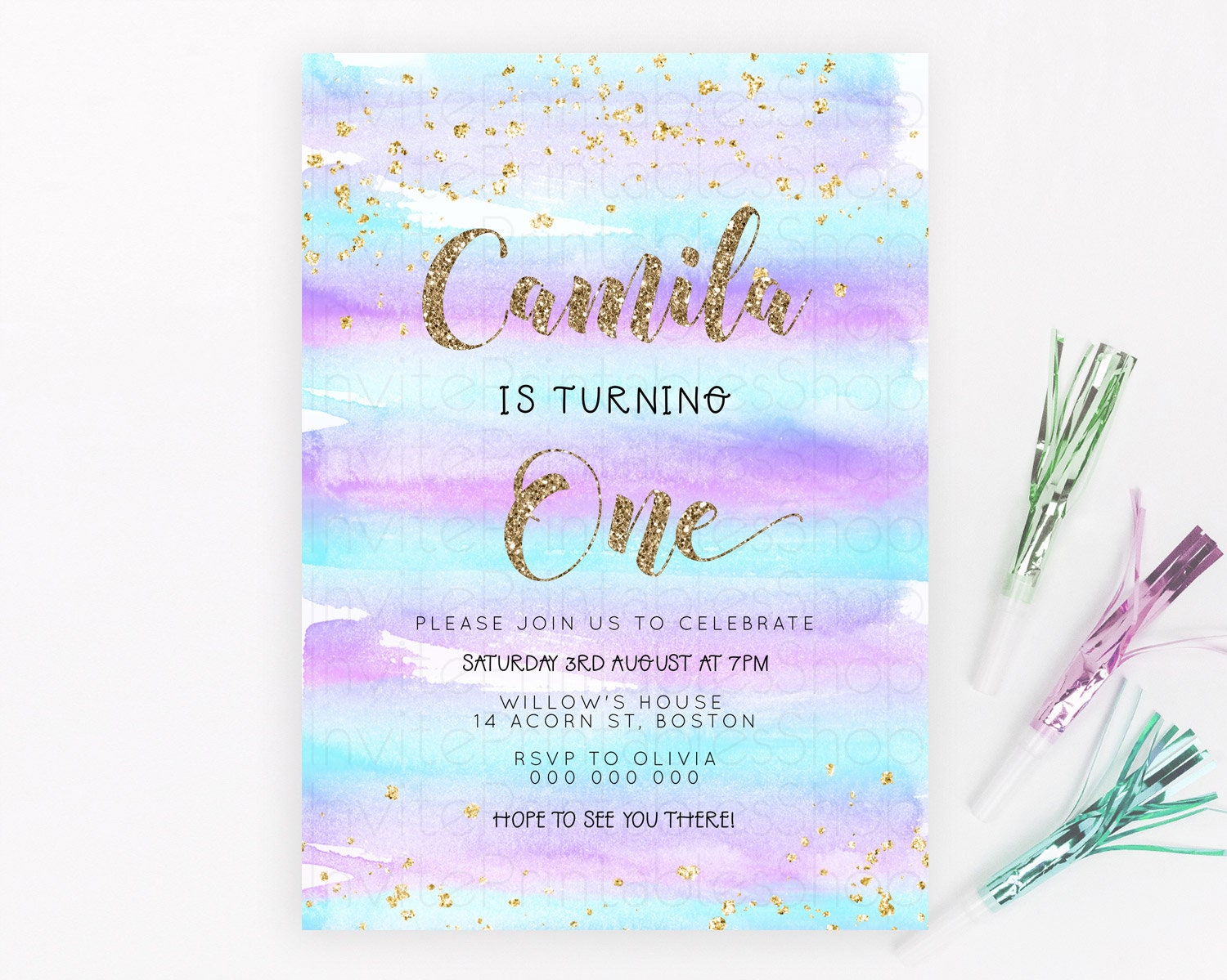 Editable Rainbow Birthday Invitation Colorful Pastel Watercolor Invitation G