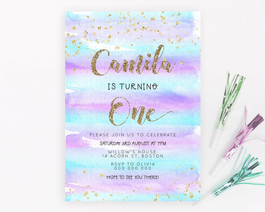 Editable Rainbow Birthday Invitation Colorful Pastel Watercolor Invitation G