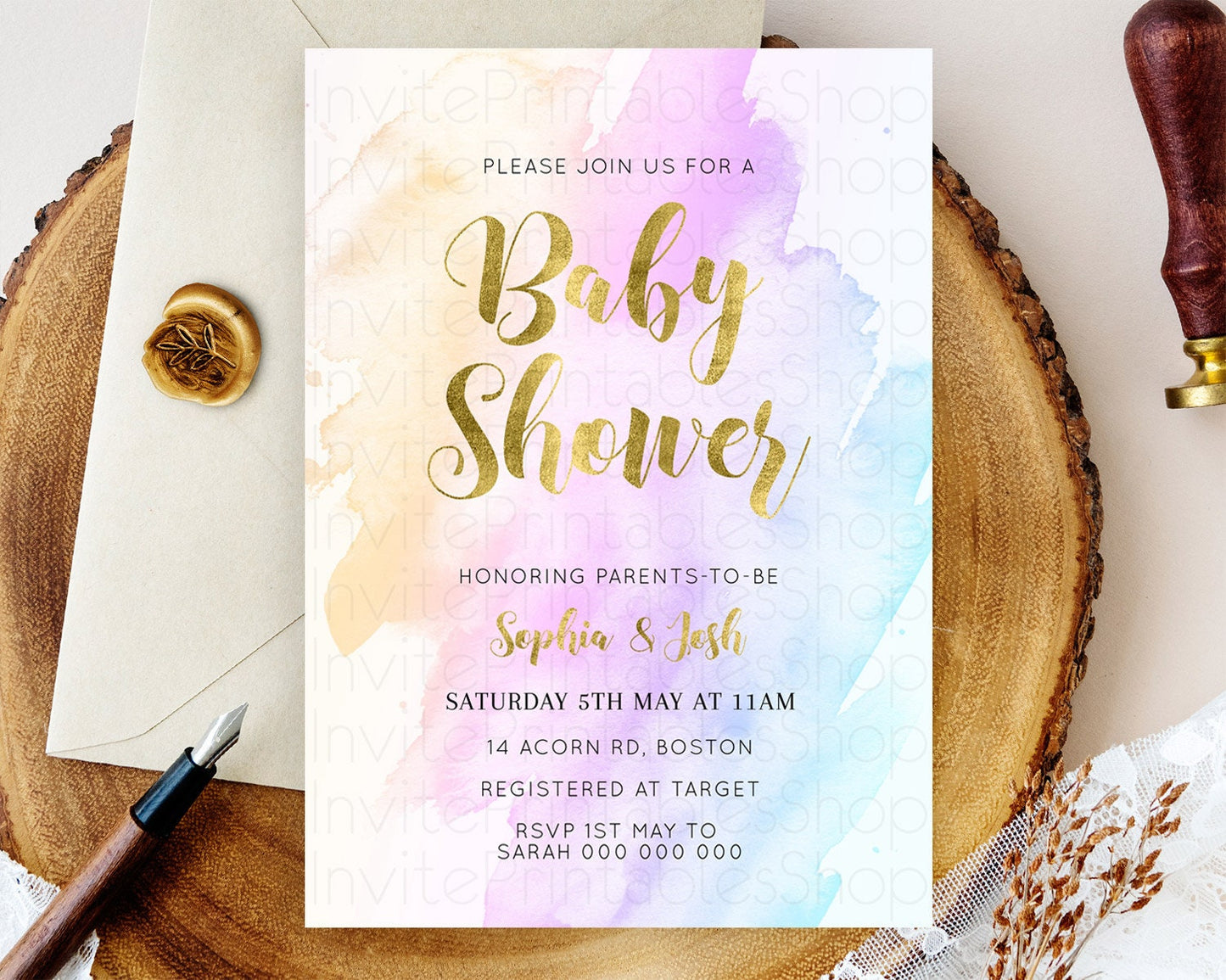 Pastel Baby Shower Invitation Rainbow Baby Shower Invitation Colorful Pastel Watercolor Invitation Gold Glitter Sprinkles Ombre D11027