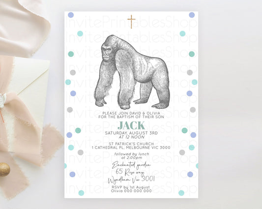 Gorilla Baptism Invitation Gorilla Baptism 1st Birthday Invitation Gorilla Jungle Adventure Christening Invitation Wild Zoo Theme D10854