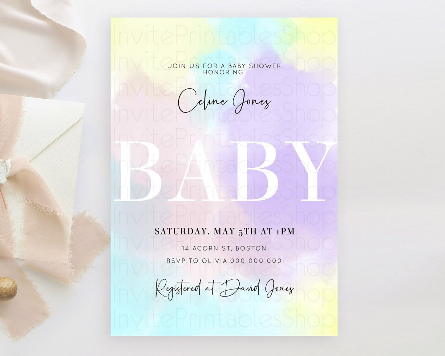 Pastel Baby Shower Invitation Rainbow Baby Shower Invitation Colorful Pastel Watercolor Invitation Gold Glitter Sprinkles Ombre D10617