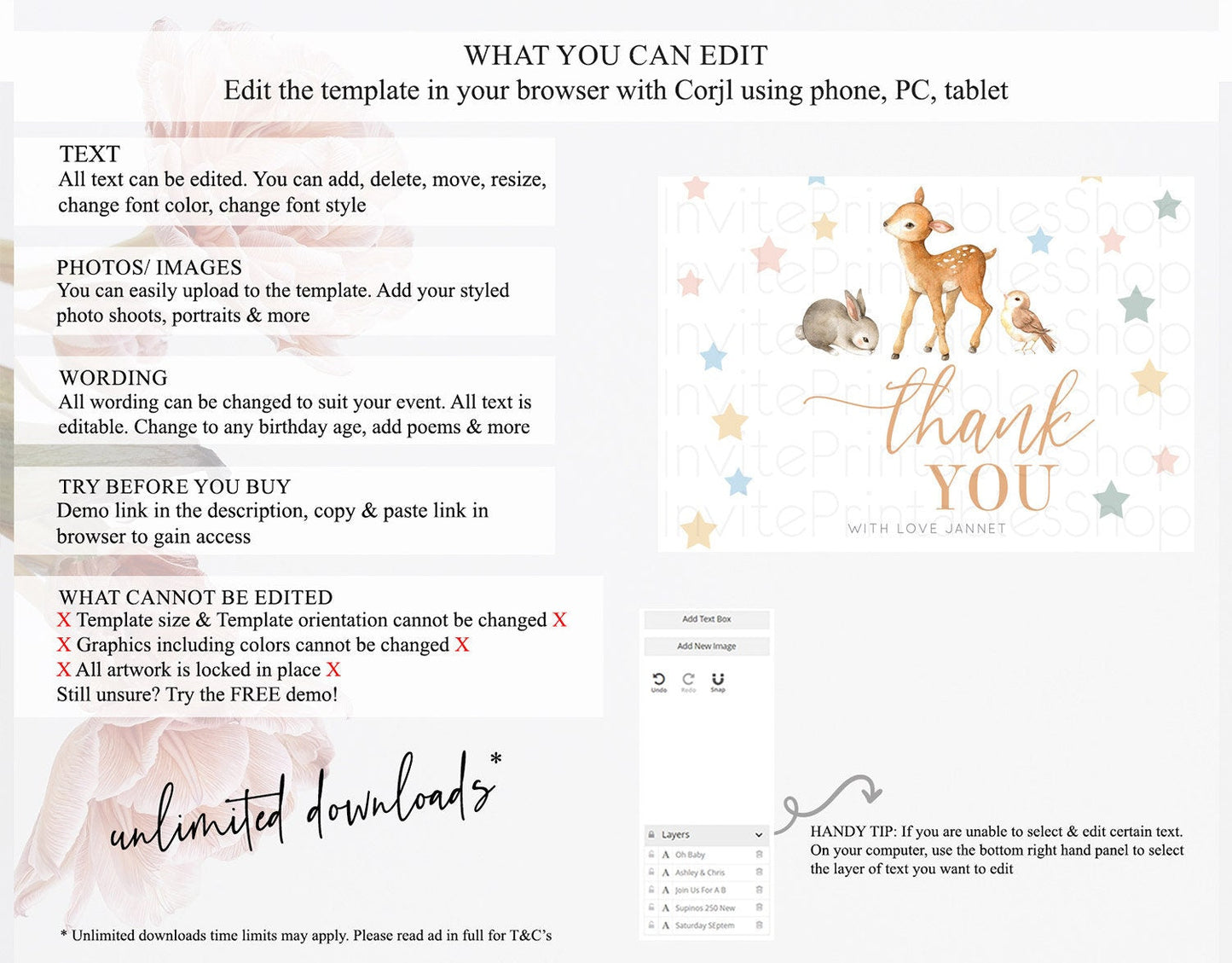 Fawn Thank You Deer Thank You Card Pastel Floral Deer Birthday Thank You Card Enchanted Forest Butterfly Deer Teacher Thank You Card D10918