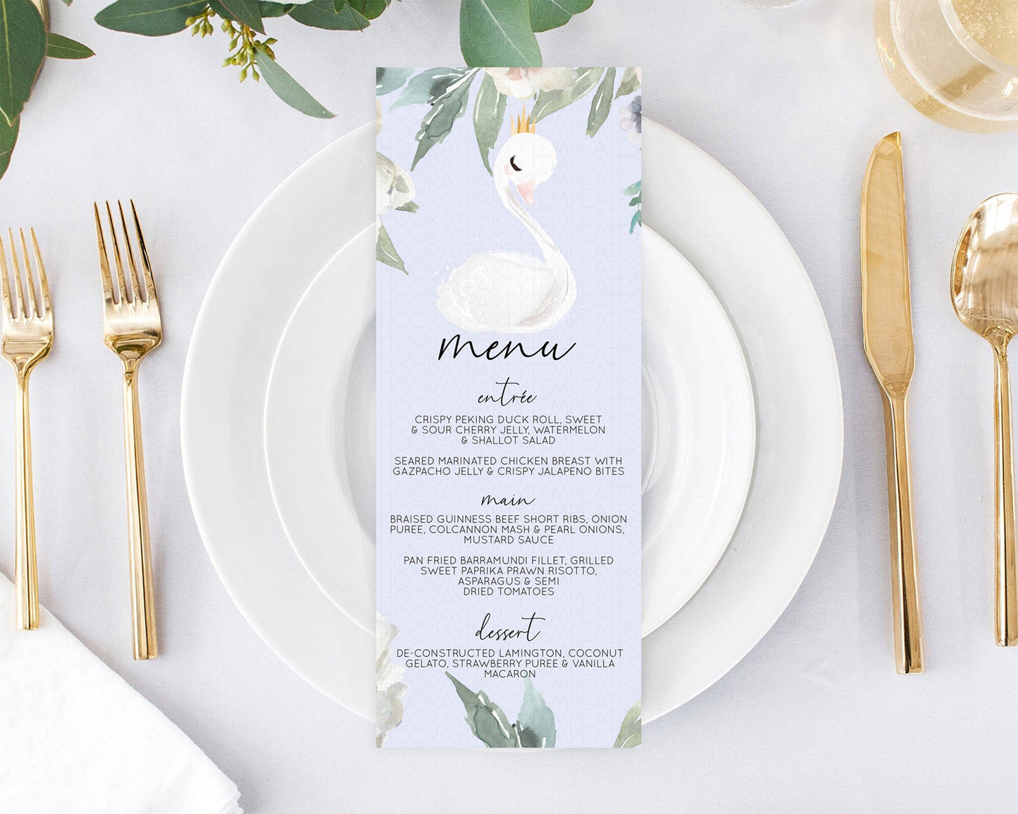 Swan Menu Swan Princess Ballet Menu Template Enchanted Swan Lake Table Decor Secret Garden Pastel Floral Dinner Dessert Food Menu  D10756