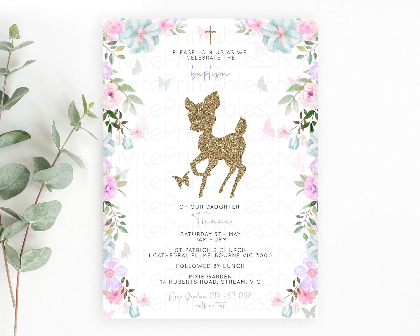 Fawn Baptism Invitation Deer Baptism 1st Birthday Invitation Enchanted Forest Christening Invitation Pastel Garden Butterfly Floral D10476