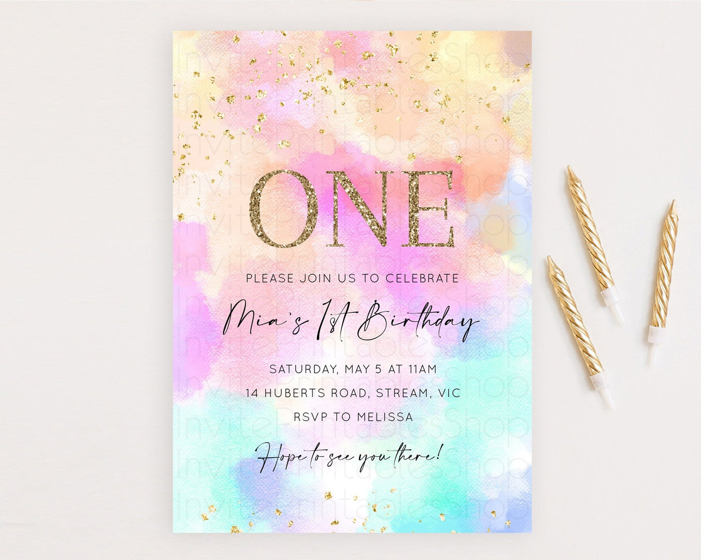 Rainbow Birthday Invitation Colorful Pastel Watercolor Invitation Gold Glitter Sprinkles Ombre Pastel 1st 2nd 3rd Birthday D10667