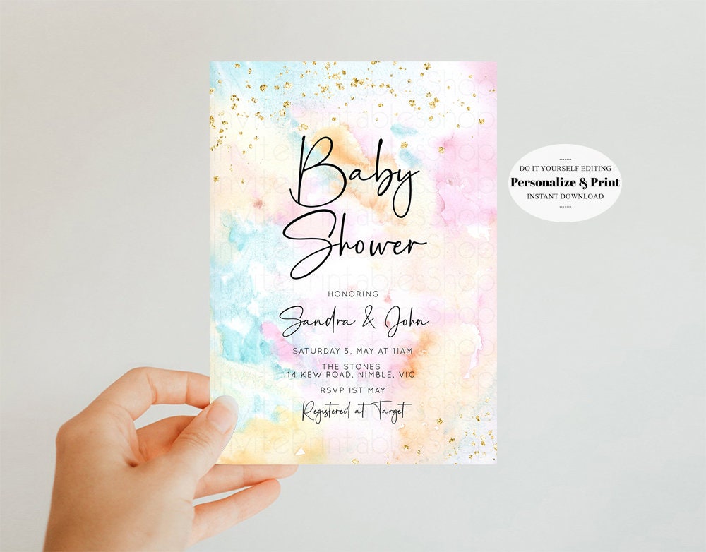 Rainbow Baby Shower Invitation Pastel Watercolor Invite Colorful Splash Invite Gold Sprinkle Invite Gold Glitter Invite Confetti Invite 566