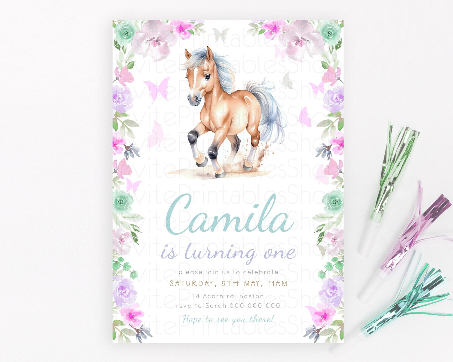 Horse Birthday Invitation, Galloping Wildflower Fields, Pastel Flowers, Butterflies, Flowers Accents for Equestrian & Cowgirls d23382