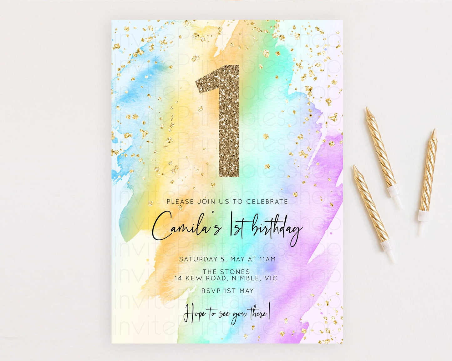 Rainbow Birthday Invitation Colorful Pastel Watercolor Invitation Gold Glitter Sprinkles Ombre Pastel 1st 2nd 3rd Birthday D10425