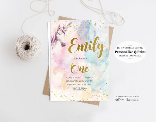 Unicorn Birthday Invitation Rainbow Invitation Colorful Watercolor Gold Glitter Sprinkles Ombre Pastel Invitation 1st 2nd Template 480