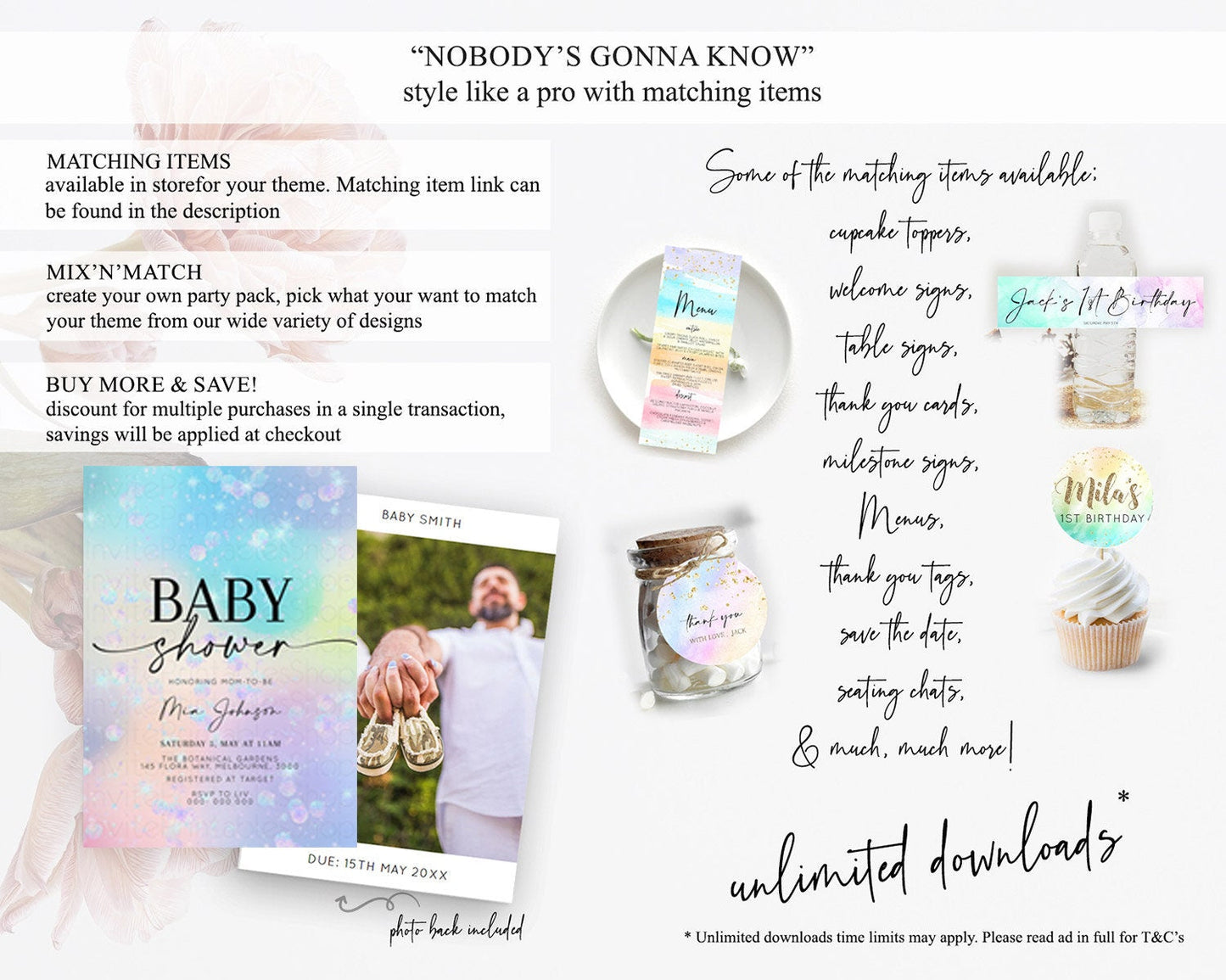 Pastel Rainbow Baby Shower Invitation, Pastel Watercolor with Iridescent Confetti Sprinkles - Colorful Invite Blue, Purple, Yellow D10665
