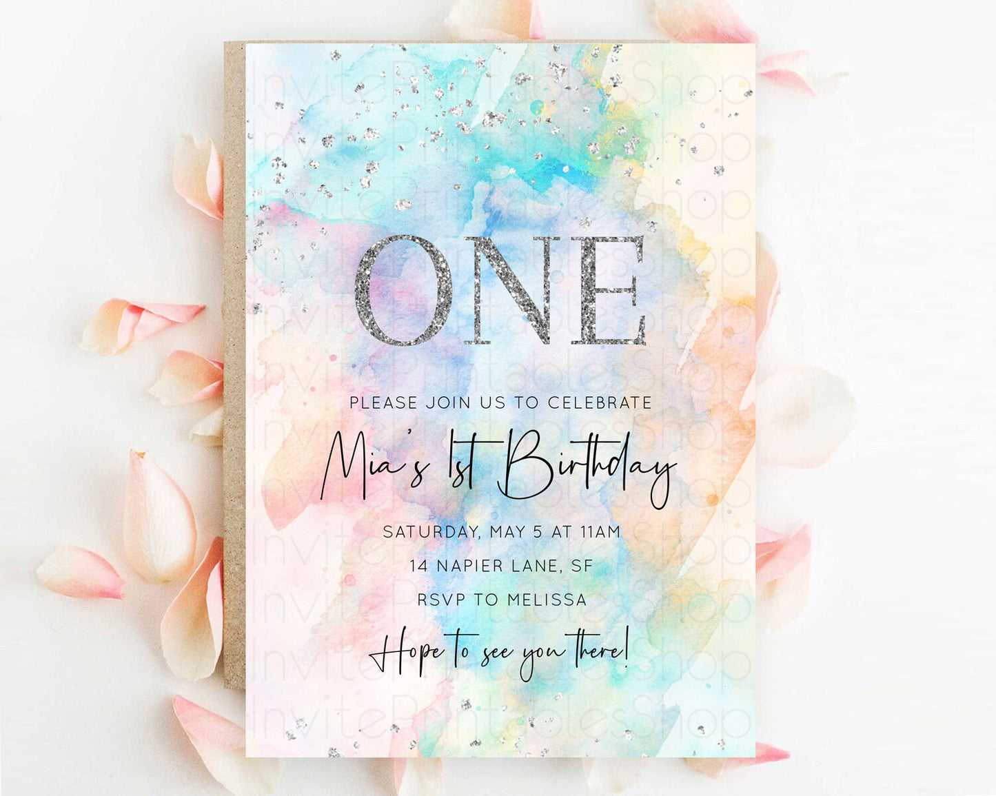 Rainbow Birthday Invitation Colorful Pastel Watercolor Silver Glitter Sprinkles Ombre Pastel Invitation 1st 2nd 3rd First Birthday D11031